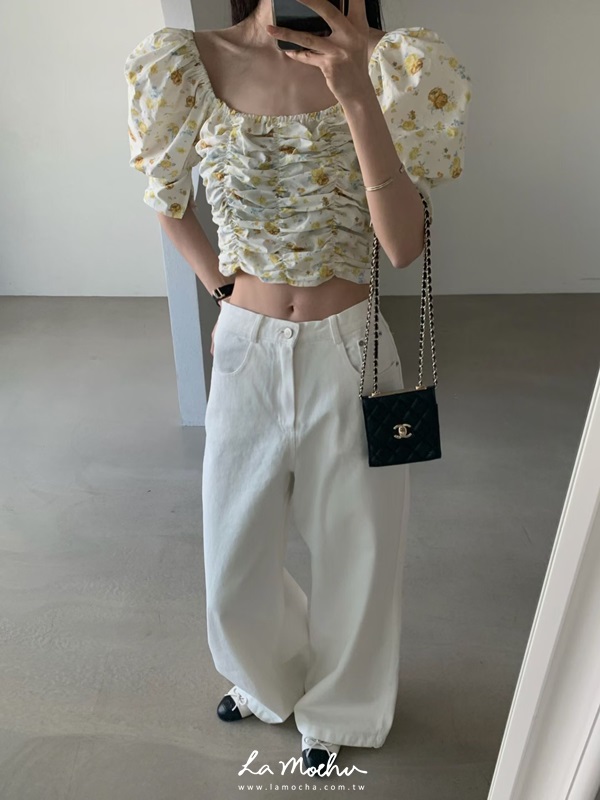 碎花抓皺短版上衣